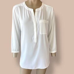 NYDJ 3/4 Sleeve Henley Back Pleats Chiffon Casual Top Blouse Size L White Ivory
